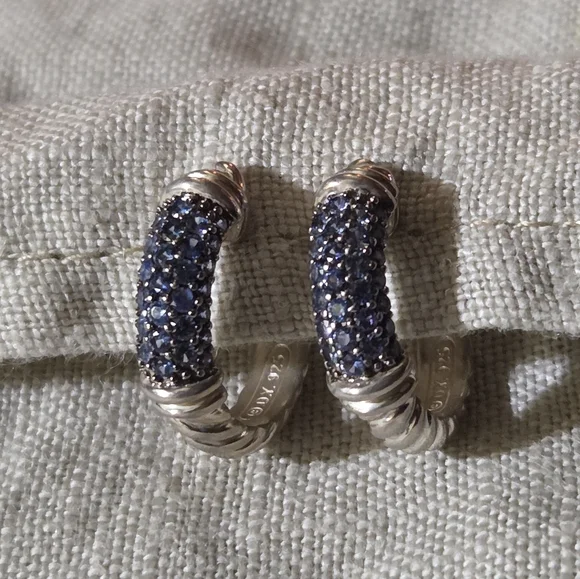 David Yurman Cable Candy Metro Hoop Earrings with Blue Sapphire, SS - Picture 2 of 14